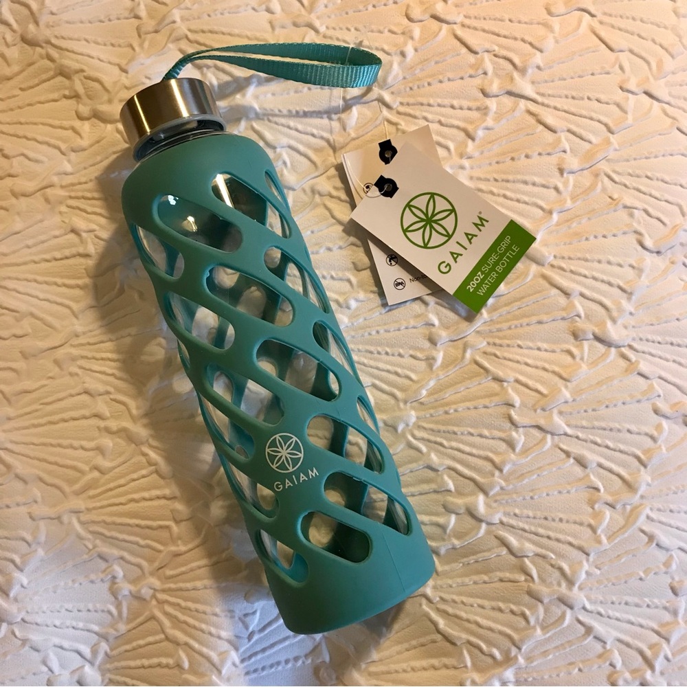 Gaiam Teal Glass Water Bottle 20 oz Sure Grip NWT